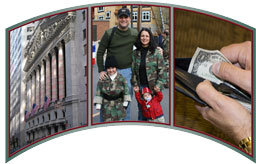 three pictures of Federal Building, Veteran with Family and hand with money