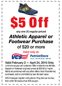 coupon SAVE $5 off any one (1) regular priced Athletic Apparel or Footwear Purchase of $20 or more  Valid 2/1-4/24/2015 only at Patriot Store   