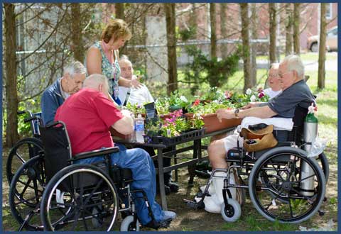 A group of Veterans at a table potting plants.