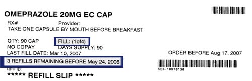Example of a pharmacy refill slip, noting the expiration date and number of refills left